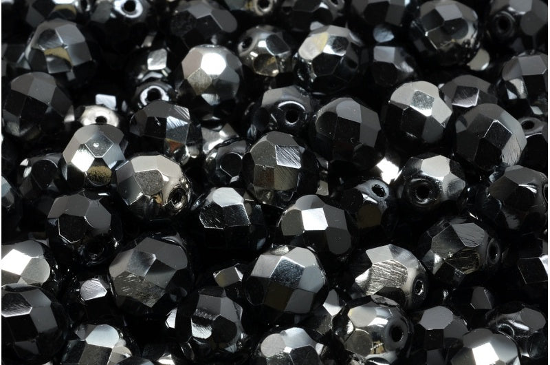 Fire Polished Faceted Beads Round, Black Chrom (23980-27401), Bohemia Crystal Glass, Czech Republic