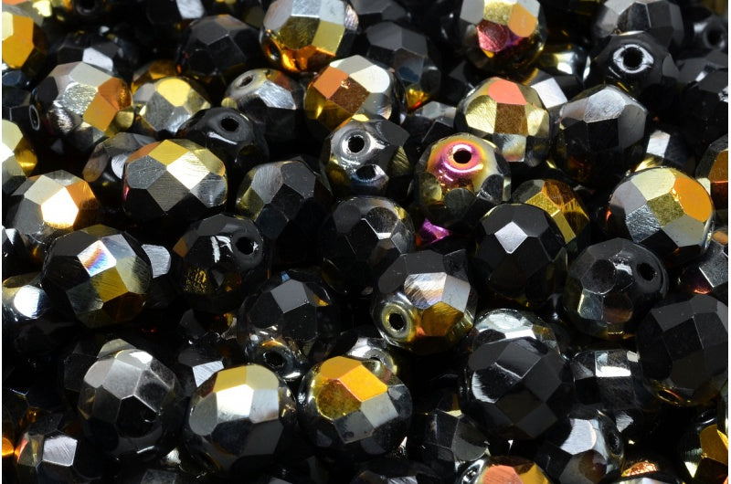 ファセット加工ラウンドビーズ、ブラックボルケーノ(23980-28001)、ボヘミアクリスタルガラス、チェコ共和国
