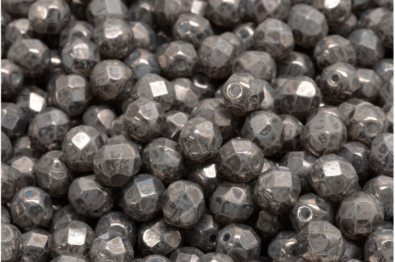 ファセット加工ビーズラウンド、チョークホワイトマーブルグレー(03000-15427)、ボヘミアクリスタルガラス、チェコ共和国