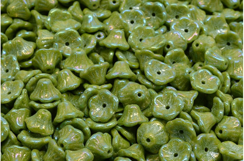 Bell Flower Cup Beads, Green Rainbow Iris (53420-21405), Glass, Czech Republic