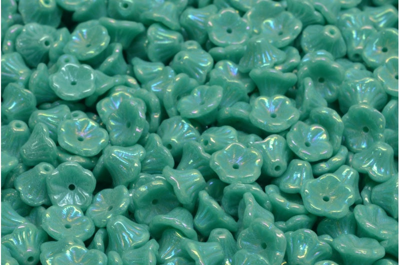 Bell Flower Cup Beads, Turquise Rainbow Iris (63140-21405),玻璃,捷克共和国