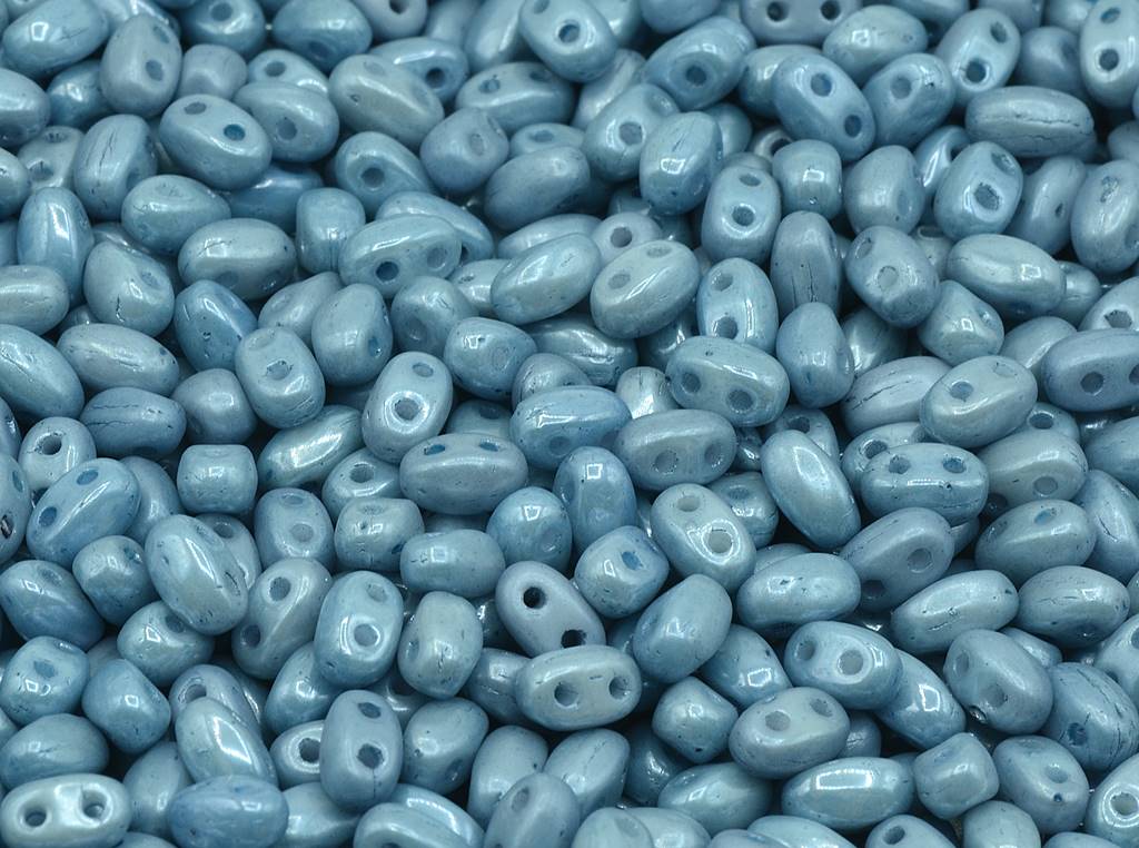 GBduo 2-hole Oval Beads (like SuperDuo) 2.5 x 5 mm, Chalk White Luster Blue Full Coated (3000-14464-), Bohemia Crystal Glass, Czechia 11109029