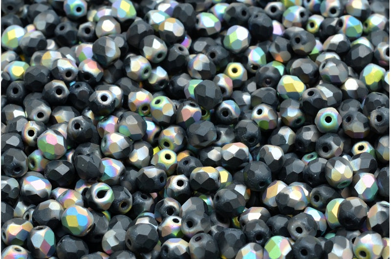 Fire Polished Faceted Beads Round, Black Matte Crystal Vitrail Medium Coating (23980-84100-28101), Bohemia Crystal Glass, Czech Republic