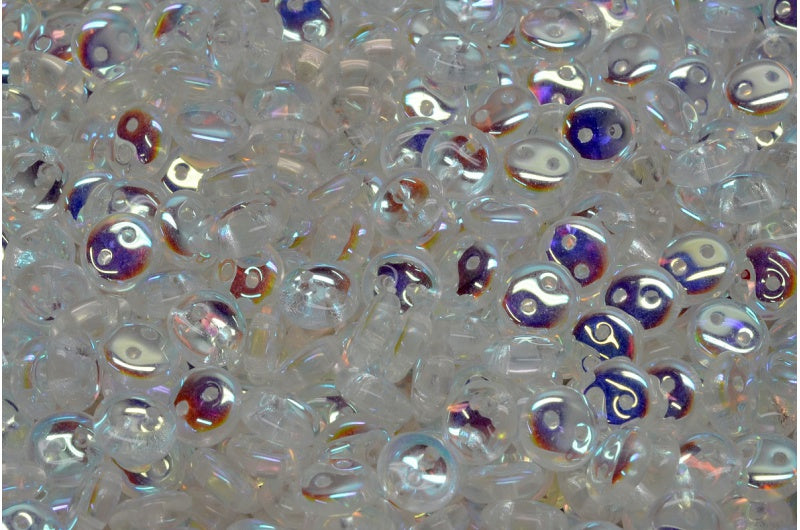 2穴レンズ豆ビーズ、クリスタルAb(00030-28701)、ガラス、チェコ共和国