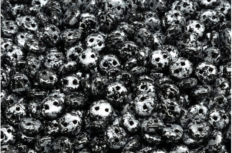 2穴レンズ豆ビーズ、ブラックツイードシルバー(23980-45702)、ガラス、チェコ共和国