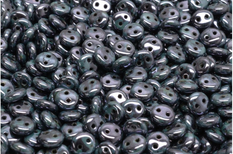 2-Hole Lentil Beads, Black Stain With Luster Blue (23980-65431), Glass, Czech Republic