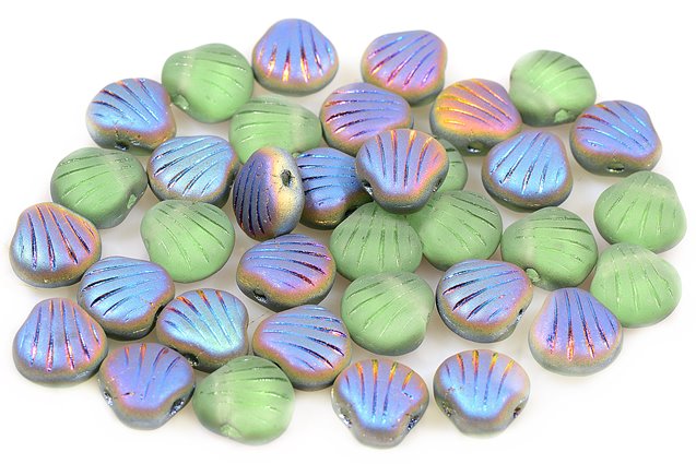 Sea Shell Pressed Beads 9 x 9 mm, Transparent Green 28171 (50500-28171), Bohemia Crystal Glass, Czechia 11160004