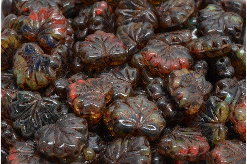 メープルリーフビーズ、ミックスカラートラバーチン(MIX-86800)、ガラス、チェコ共和国