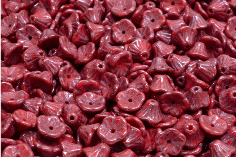 Bell Flower Cup Beads, Red Terracotta Blue (93180-15464), Glass, Czech Republic