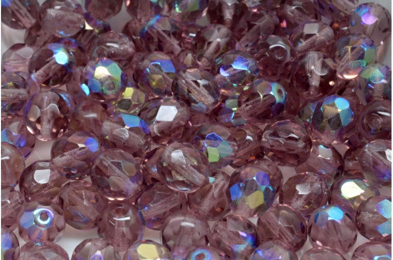 ファセット加工ビーズ ラウンド、透明ライトアメジストAB(20030-28701)、ボヘミアクリスタルガラス、チェコ共和国