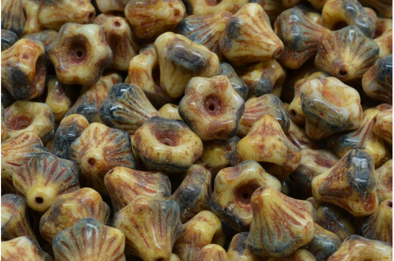 フラワーベルビーズ、ホワイトブラックトラバーチン(02010-23980-86800)、ガラス、チェコ共和国