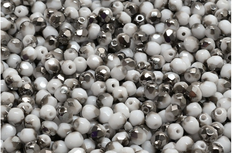 Fire Polished Faceted Beads Round, Chalk White Chrom (03000-27401), Bohemia Crystal Glass, Czech Republic