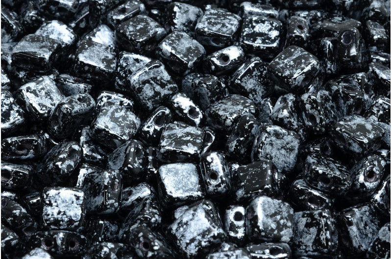 扁平丝质珠子 - 2 孔,黑色粗花呢银色 (23980-45702),玻璃,捷克共和国