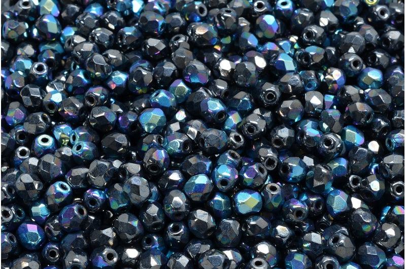 Fire Polished Faceted Beads Round, Black Hematite Ab (23980-14400-28701), Bohemia Crystal Glass, Czech Republic