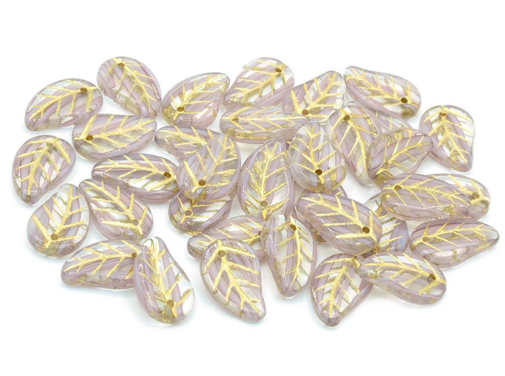 Flat Leaf Beads 14 x 9 mm, Bright Amethyst White Delay Gold Lined (25016-54202)