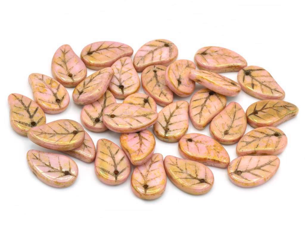 Flat Leaf Beads 14 x 9 mm, Chalk White Stain With Luster Red (03000-65491)