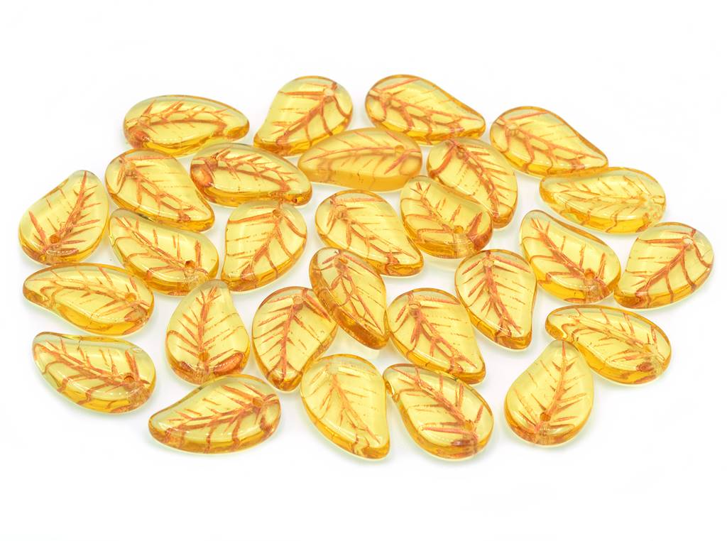 Flat Leaf Beads 14 x 9 mm, Transparent Orange Copper Lined (10040-54307)