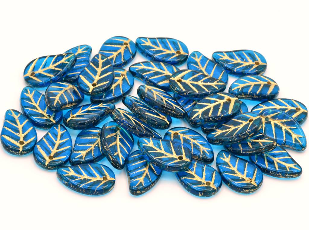 Flat Leaf Beads 14 x 9 mm, Transparent Aqua Gold Lined (60080-54202)