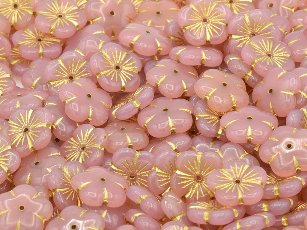 Flat Cherry Flower Beads 14 mm, Opal Pink Gold Lined (71000-54202), Bohemia Crystal Glass, Czechia 11100086