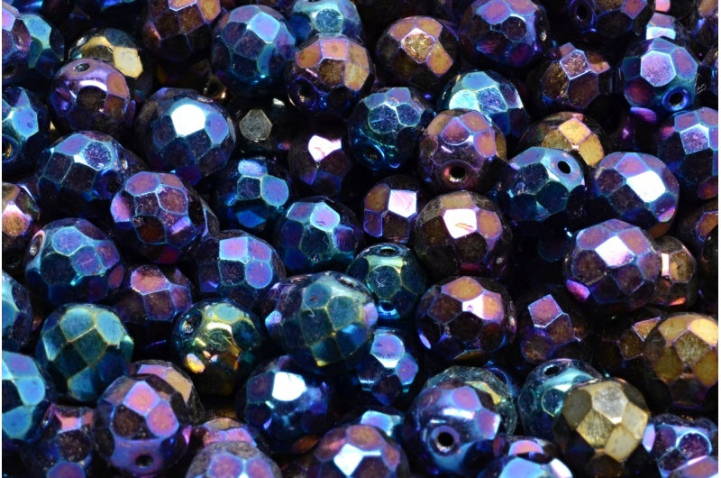 Fire Polished Faceted Beads Round, Black Rainbow Iris (23980-21405), Bohemia Crystal Glass, Czech Republic