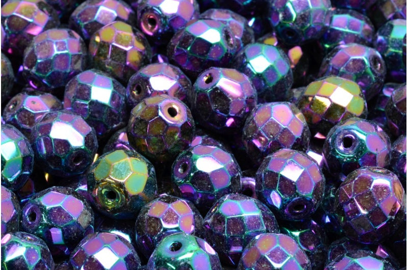 Fire Polished Faceted Beads Round, Black Purple Iris (23980-21495), Bohemia Crystal Glass, Czech Republic