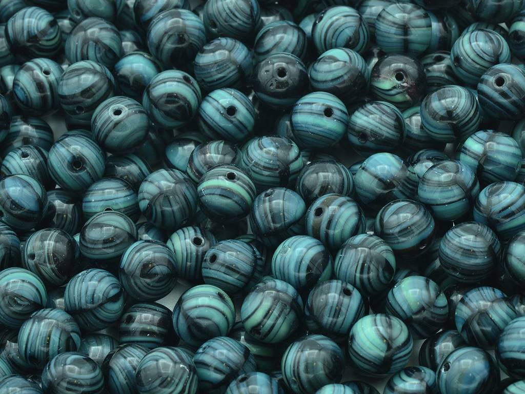 Round Pressed Beads 8 mm, Black Green Stripes (55012)