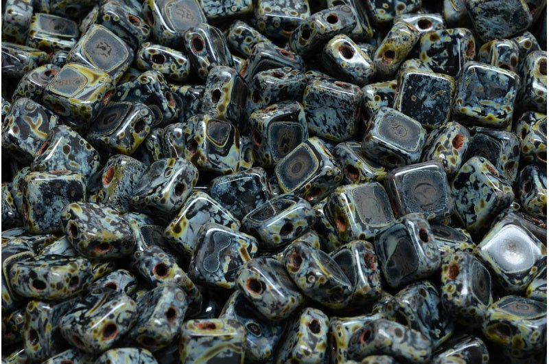 フラットシルキービーズ - 2穴、ブラックトラバーチン(23980-86800)、ガラス、チェコ共和国