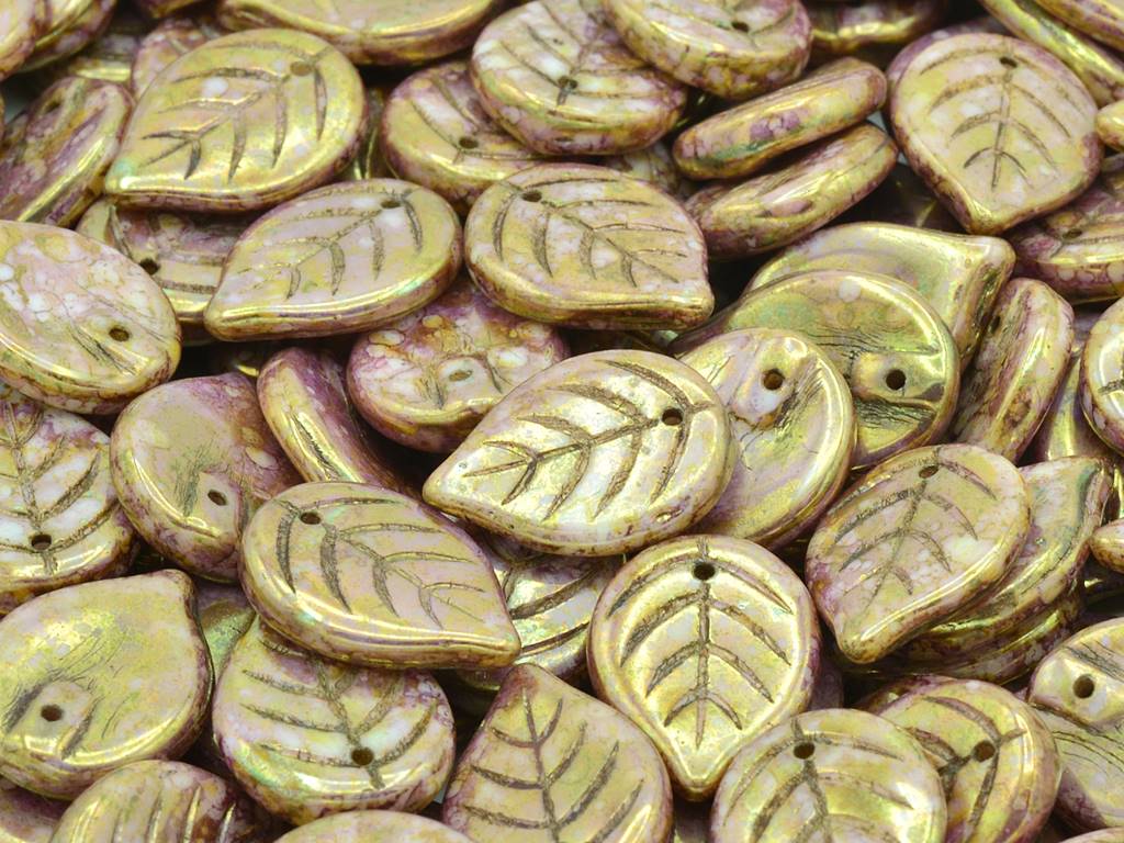 Apple Leaf Beads 18 x 13 mm, Chalk White Senegal Violet (3000-15695), Bohemia Crystal Glass, Czechia 11100076