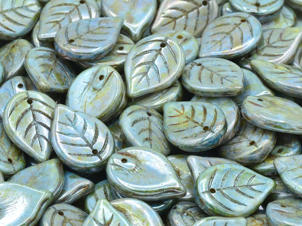 Apple Leaf Beads 18 x 13 mm, Chalk White Stain With Luster Blue (3000-65431), Bohemia Crystal Glass, Czechia 11100076