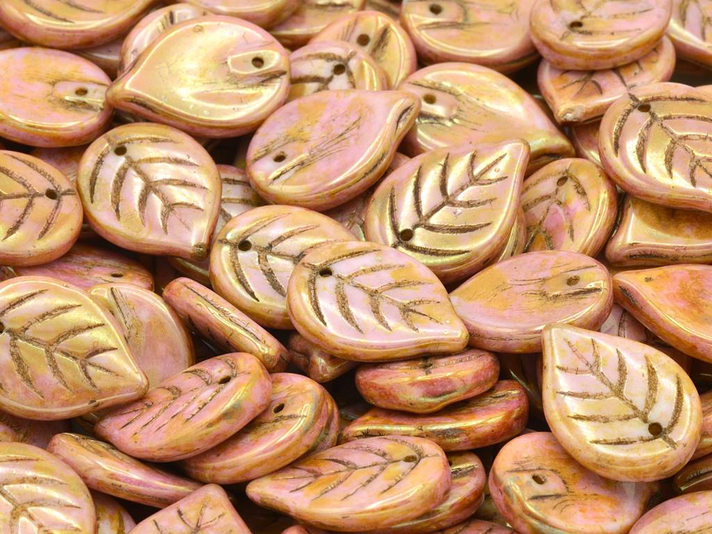 Apple Leaf Beads 18 x 13 mm, Chalk White Stain With Luster Red (3000-65491), Bohemia Crystal Glass, Czechia 11100076