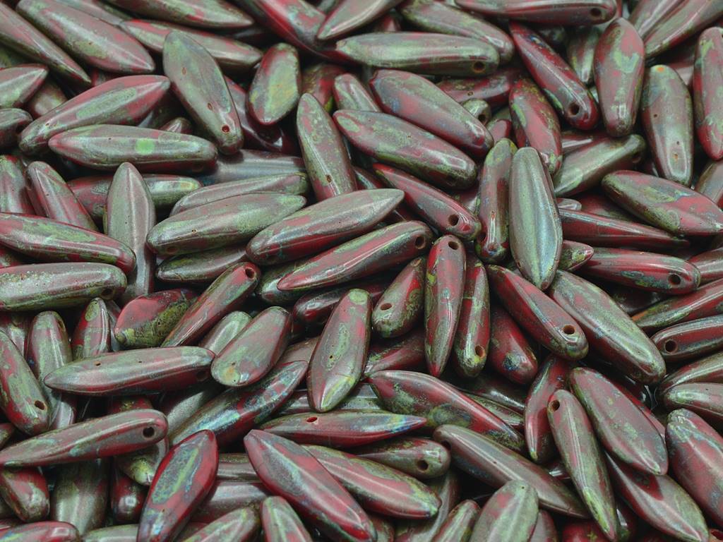 Dagger Beads 5 x 16 mm, Opaque Red Travertin (93210-86800), Bohemia Crystal Glass, Czechia 11169014