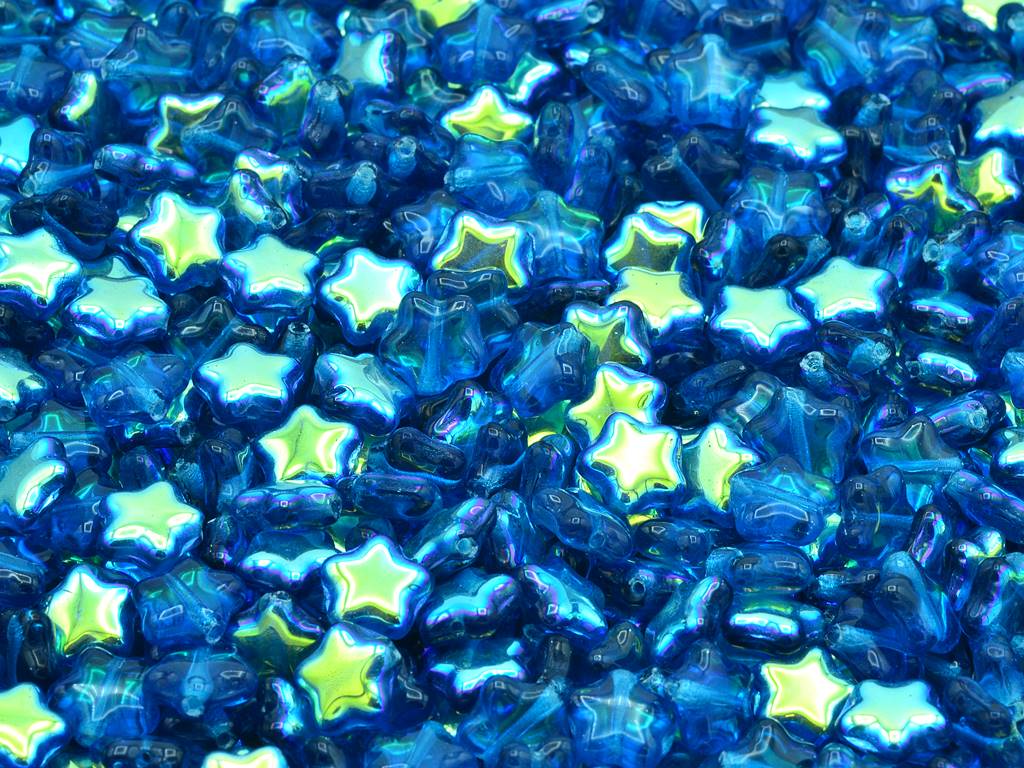 Flat Star Beads, Transparent Aqua Ab (60080-28701), Glass, Czech Republic