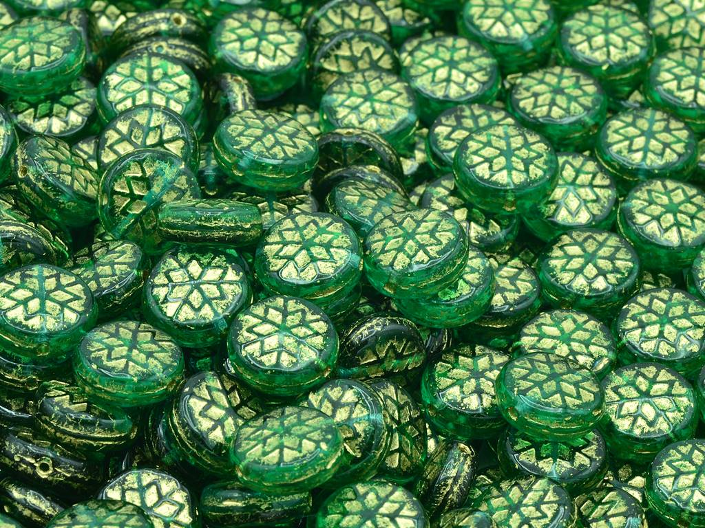 Snowflake Round Beads, Transparent Green Emerald Gold Lined (50720-54202), Glass, Czech Republic