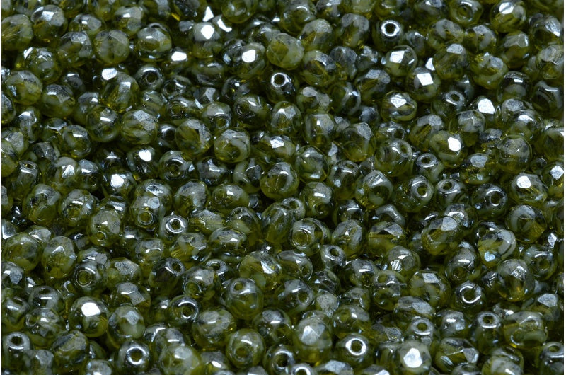 ファセット加工ラウンドビーズ、オリーブグリーンヘマタイト(06508-14400)、ボヘミアクリスタルガラス、チェコ共和国