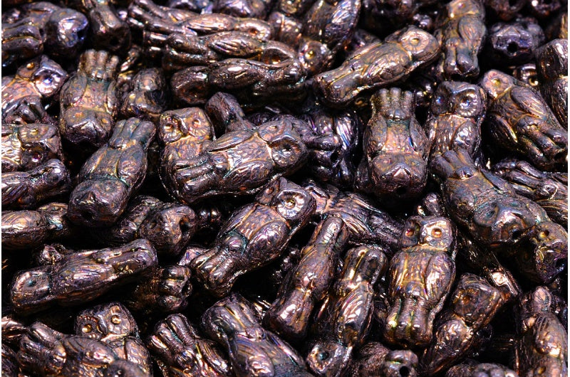 Owl Beads, Black Bronze (23980-14415), Glass, Czech Republic