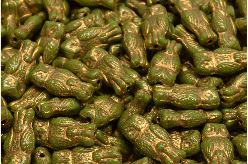 猫头鹰串珠,绿色内衬金色 (53420-54302),玻璃,捷克共和国