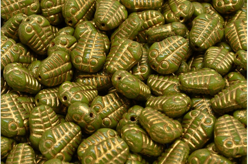 Trilobite Beads, Green Gold Lined (53420-54302), Glass, Czech Republic