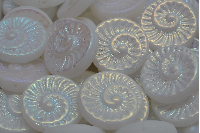 Fossil Shell Beads, White Ab Full (2X Side) (02010-28703), Glass, Czech Republic