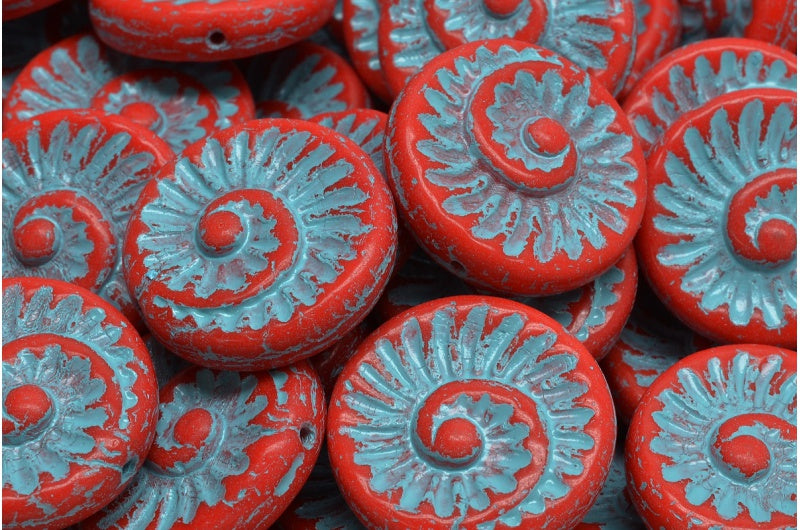 化石貝殻ビーズ、赤水色ライン入り(93180-54308)、ガラス、チェコ共和国