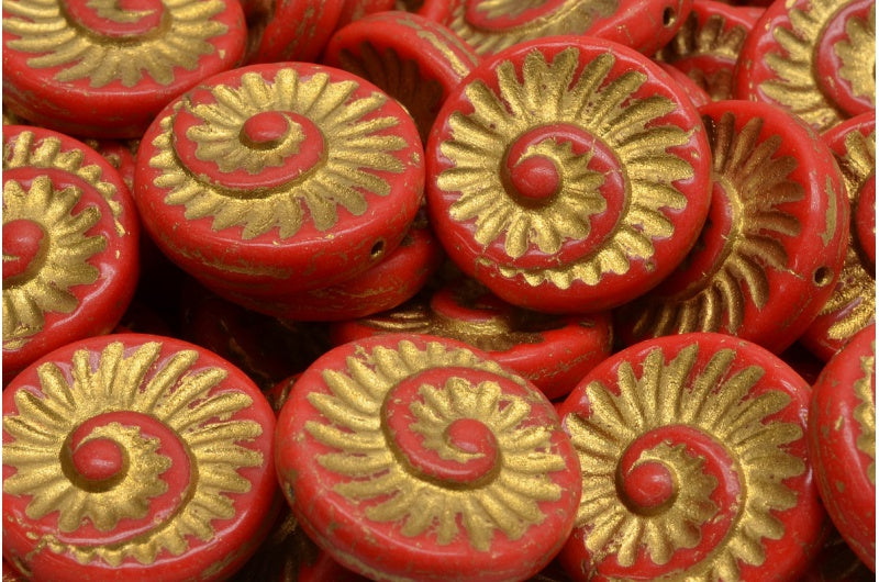 化石貝殻ビーズ、赤金縁取り(93180-54302)、ガラス、チェコ共和国