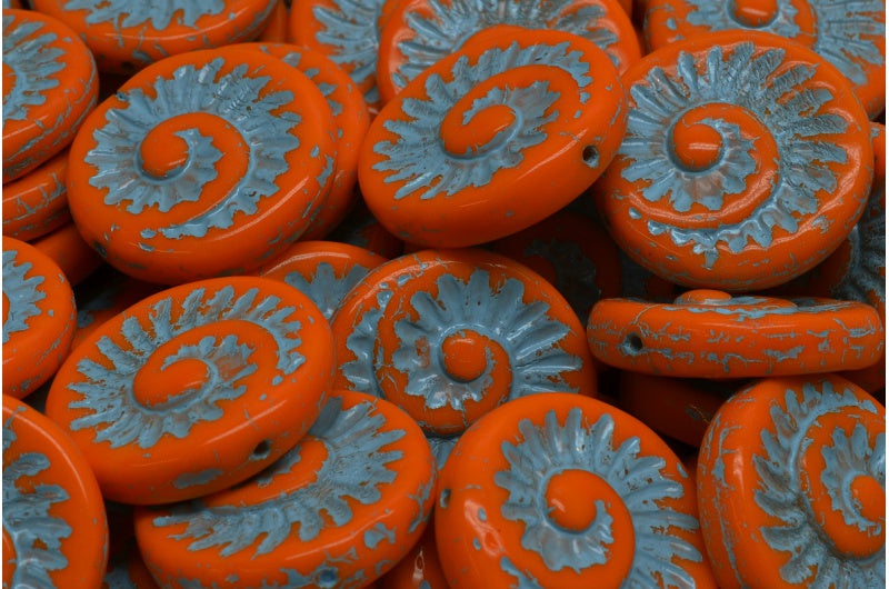 Fossil Shell Beads, Opaque Yellow Light Blue Lined (93120-54308), Glass, Czech Republic