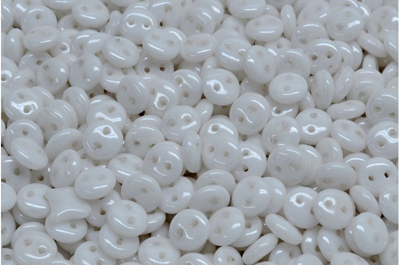 2穴レンズ豆ビーズ、ホワイトヘマタイト(02010-14400)、ガラス、チェコ共和国