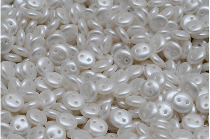 2穴レンズ豆ビーズ、ホワイトパールホワイト(02010-25001)、ガラス、チェコ共和国