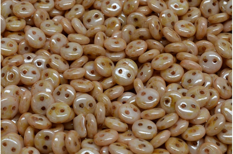 2穴レンズ豆ビーズ、ホワイトステイン、光沢琥珀色(02010-65401)、ガラス、チェコ共和国