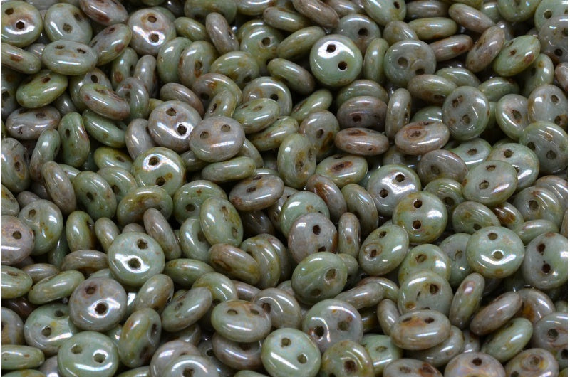 2 孔扁豆珠,带绿色光泽的白色染色 (02010-65455),玻璃,捷克共和国