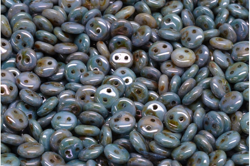 2穴レンズ豆ビーズ、ホワイトステイン、ラスターブルー(02010-65431)、ガラス、チェコ共和国