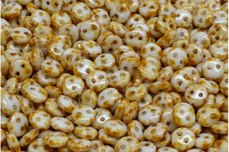 2穴レンズ豆ビーズ、ホワイトトラバーチン(02010-86800)、ガラス、チェコ共和国
