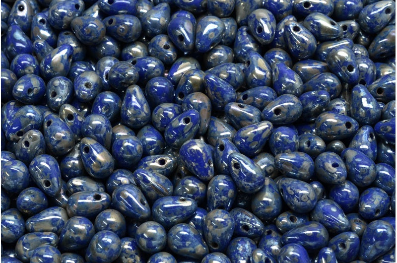 ドロップビーズ、リッチブルーピカソ(33060-43400)、ガラス、チェコ共和国