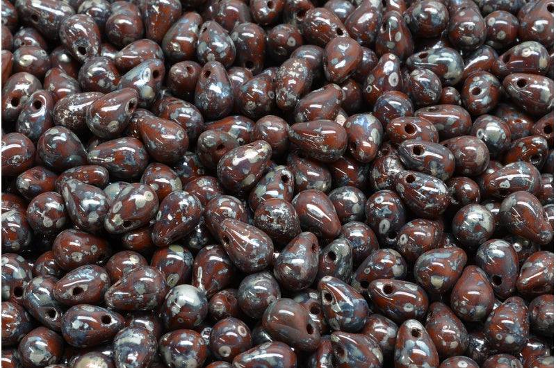ドロップビーズ、不透明ブラウンピカソ(13610-43400)、ガラス、チェコ共和国