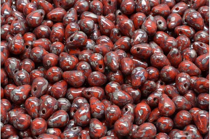 ドロップビーズ、ディープオレンジピカソ(93140-43400)、ガラス、チェコ共和国